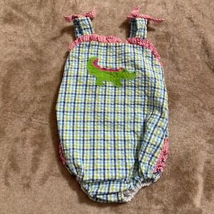 Zu Baby Girls Blue Green Gingham Alligator Ruffle Bubble Romper 6 Months